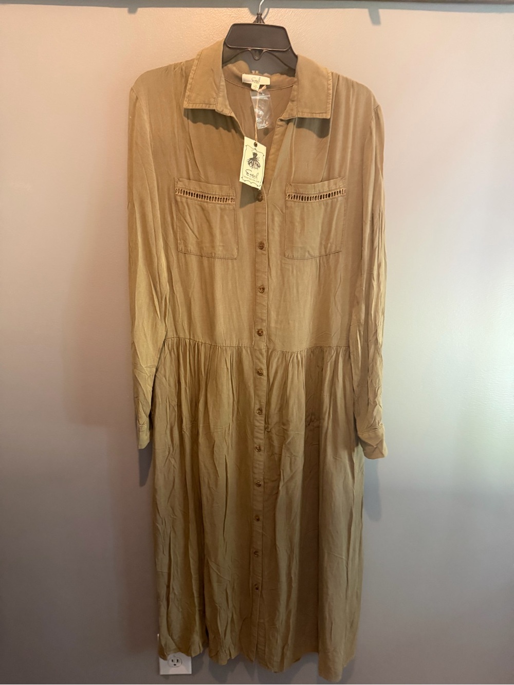 easel Button-Front Long Sleeve Midi Dress in Tan